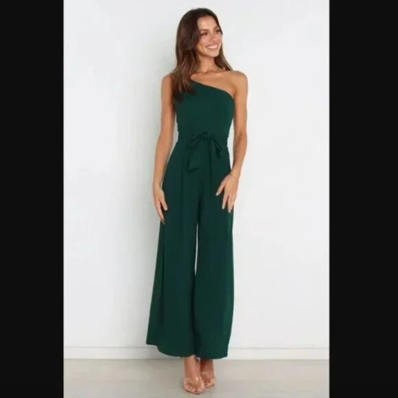 Petal & Pup Pants - Petal & Pup Leyton Emerald Green One Shoulder Wide Leg Belted Jumpsuit 6